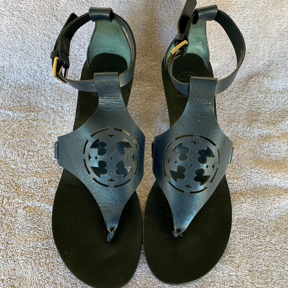 Tory Burch Black Leather Wedge Sandals – Size 8M - Picture 1 of 6